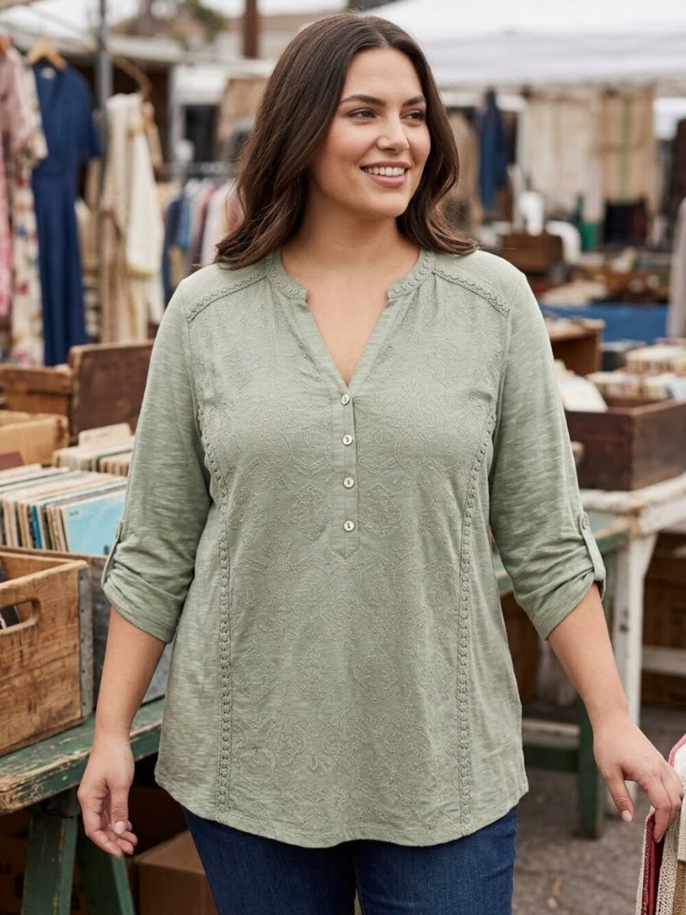 Democracy NWT Olive Green Embroidered Roll Tab Sleeves Relaxed Fit Blouse 3667